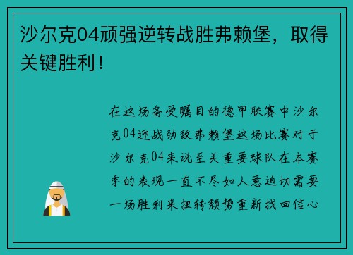 沙尔克04顽强逆转战胜弗赖堡，取得关键胜利！